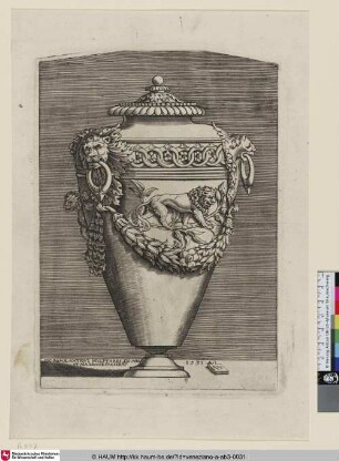 [Antike Vase mit von Löwenköpfen gehaltenen Ringen als Henkel und einem auf einer Lorbeerranke balancierenden Löwen]