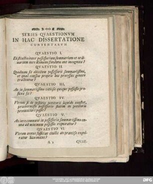 Series Quaestionum In Hac Dissertatione Contentarum