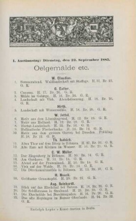 I. Auctionstag: Dienstag, den 22. September 1885