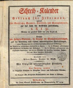 Schreib-Kalender zum Gebrauche für Jedermann : zumal für Beamte, Geistliche, Handels- und Gewerbsleute, 1819