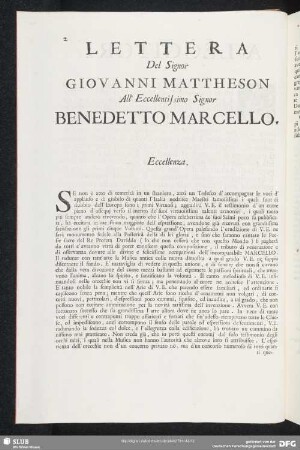 Lettera Giovanni Mattheson - Benedetto Marcello