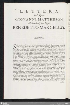 Lettera Giovanni Mattheson - Benedetto Marcello