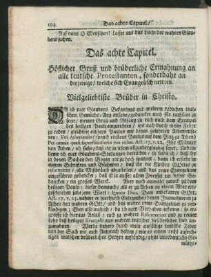 Das achte Capitel. Höflicher Gruß und brüderliche Ermahnung an alle teutsche Protestanten, sonderbahr ...