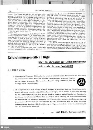 Reichsinnungsmeister Flügel führt die Uhrmacher zur Leistungssteigerung und erzieht sie zum Berufsstolz!