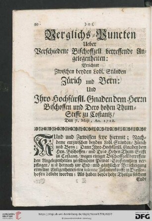 Verglichs=Puncten ueber verschiedene Bischoffzell betreffende Angelegenheiten