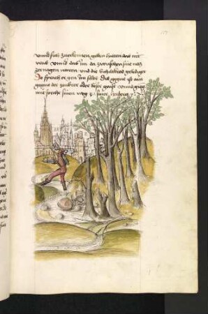 Der Jäger trägt seine abgebauten Netze davon; (Kapitel IV: Von der Taube und von treuen Gefährten).