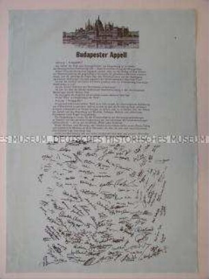 Sonderdruck mit dem Text des Budapester Appells des Weltfriedensrates für Abrüstung, anlässlich des 35. Jahrestages der Befreiung vom Faschismus