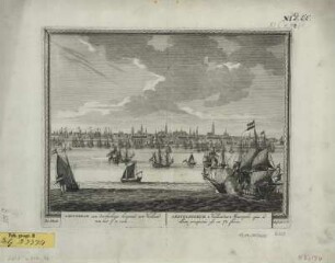 Ansicht von Amsterdam, Kupferstich, 1702 : Amsterdam : een doorluchtige koopstad in Holland, van het Y te zien = Amstelodamum : Hollandiae Metropolis, qua ad illam prospectus est ex Ya fluvis / Pet. Schenk. - Amsteld[ami] , [1702]. - 1 Kunstbl. : Kupferst. ; Plattengr. 27 x 22 cm +++ Auch enth. in: Petri Schenkii Hecatompolis sive totius orbis terrarum oppida nobiliora centum
