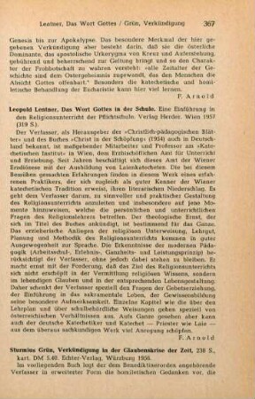 367-368 [Rezension] Grün, Sturmius, Verkündigung in der Glaubenskrise der Zeit
