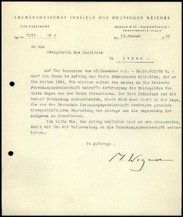 M. Wegner an DAI Athen