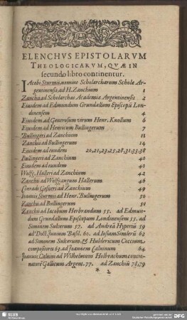 Elenchus Epistolarum Theologicarum, Quae In secundo libro continentur