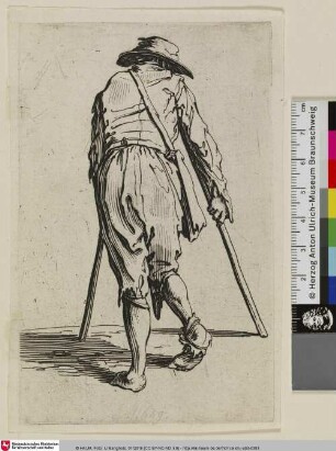[Der Bettler mit den Krücken, von hinten gesehen; Le Mendiant aux béquilles coiffé d'un chapeau]