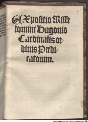 Expositio Misse domini Hugonis Cardinalis ordinis Predicatorum