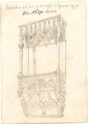 Walther, Conradin; u. a. Italien; Sammlung Conradin Walther: Band I, Nr. 138b - 192 (fol. 300 - 378) - Baldachin am Dom San Lorenzo in Genua (Perspektive)