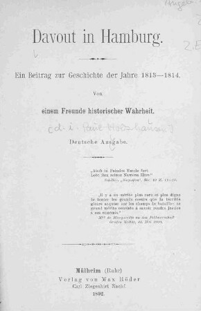 Davout in Hamburg : ein Beitrag zur Geschichte der Jahre 1813 - 1814