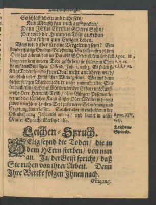 Leichen-Spruch. [...] enthalten in der Offenbahrung Johannis am 14/ und lautet in unser Mutter-Sprache übersetzt also.