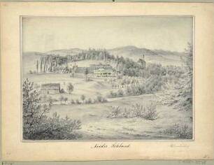 Das Rittergut und die Stadtkirche in Niedersohland (Sohland an der Spree), Vorzeichnung für das Album der Rittergüter und Schlösser im Königreiche Sachsen, 3. Bd.