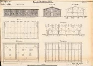 Bauhof, Hamburg-Harburg: Lagerschuppen Nr.1: Ansichten, Grundrisse, Schnitte 1:100