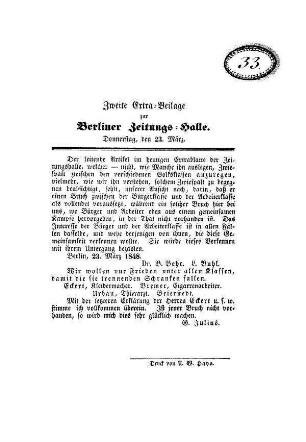 Zweite Extra=Beilage zur Berliner Zeitungs=Halle.