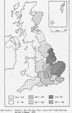 Cereals, per 100 ha crops, grass and rough grazing: United Kingdom, 1970