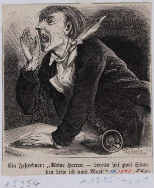 Karikatur zum Ersten Deutschen Sängerbundfest in Dresden 1865: "Ein Festredner: 'Meine Herren - bereits seit zwei Stunden bitte ich ums Wort!'"