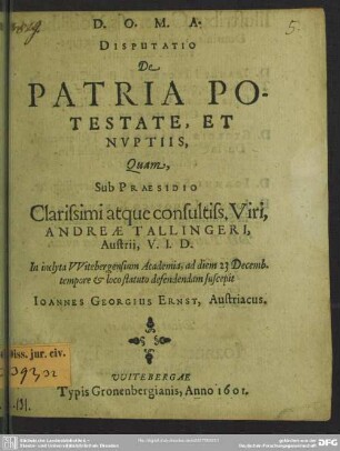 Disputatio de patria potestate et nuptiis