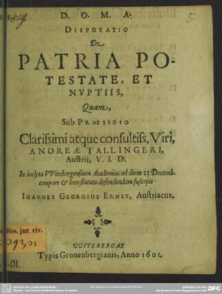 Disputatio de patria potestate et nuptiis