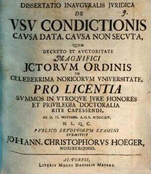 Dissertatio inavgvralis jvridica De vsv condictionis cavsa data, cavsa non secvta