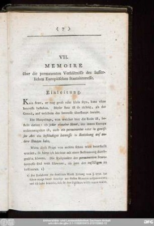 VII. Memoire über die permanenten Verhältnisse des äusserlichen Europäischen Staatsinteresse.