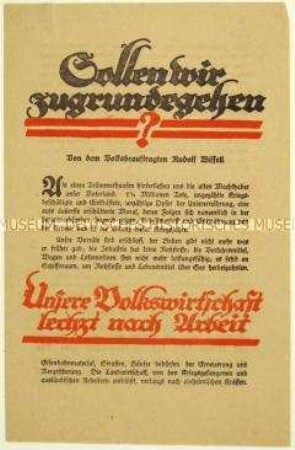 Flugschrift von Rudolf Wissell mit Aufruf zur Arbeit