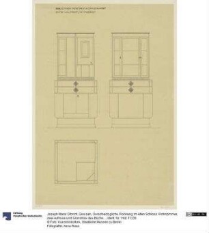 Giessen, Grossherzogliche Wohnung im Alten Schloss Wohnzimmer, zwei Aufrisse und Grundriss des Bücherschrankes