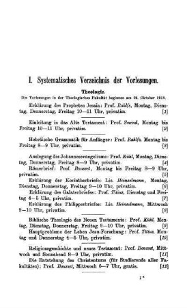 I. Systematisches Verzeichnis der Vorlesungen