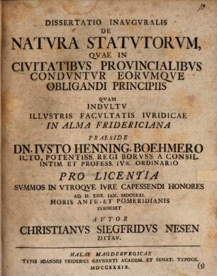 Dissertatio inauguralis De natura statutorum, quae in civitatibus provincialibus conduntur, eorumque obligandi principiis