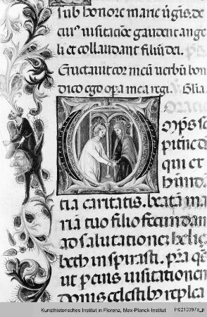 Missale Romanum : Textseite mit floraler Bordüre und historisierter Initiale O: Heimsuchung