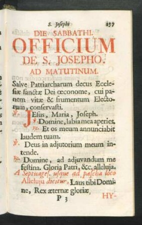 Die Sabbathi. Officium De S. Josepho