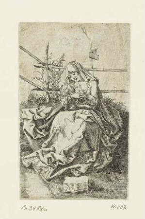 Maria auf der Rasenbank, das Kind stillend