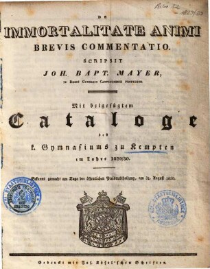 De immortalitate animi brevis commentatio