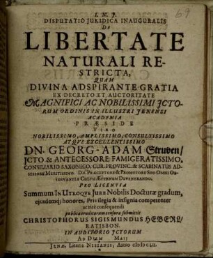Disputatio Iuridica Inauguralis De Libertate Naturali Restricta