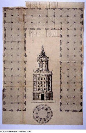 Entwurf für Zeughaus und Pulverturm, Grundriß und Turmaufriß (um 1725, M. D. Pöppelmann; Bleistift, Feder, Tusche, laviert; 84 x 54,7 cm). Sächsische Landesbibliothek – Staats- und Universitätsbibliothek Dresden, Handschriftensammlung, Mscr. Dresd. L. 4/Blatt 29