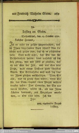 59. Lessing an Gleim. Wolfenbüttel, den 29. October 1770