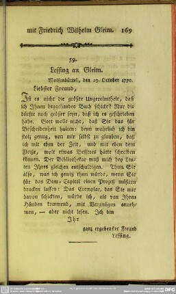 59. Lessing an Gleim. Wolfenbüttel, den 29. October 1770