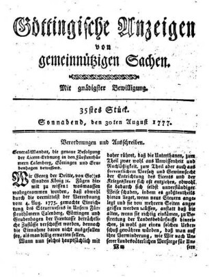 35stes Stück. Sonnabend, den 30ten August 1777.