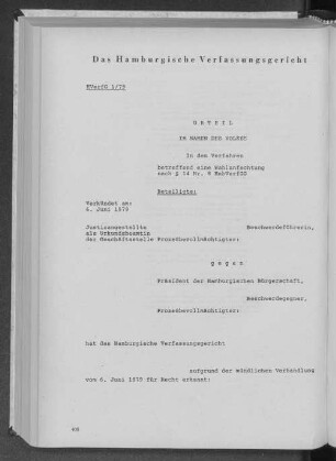 Das Hamburgische Verfassungsgericht, Urteil betreffend eine Wahlanfechtung nach §14 Nr. 8 Hamburgisches Verfassungsgerichts Gesetz
