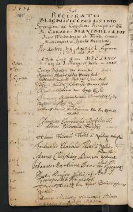 Winterhalbjahr 1674/1675. Rektorat Karl Maximilian Herzog von Württemberg (Prorektor: Johann Andreas Frommann)