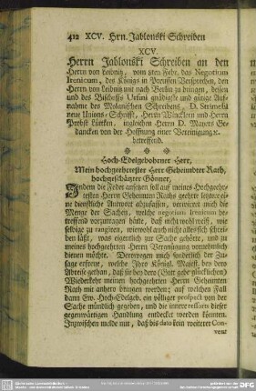 XCV. Herrn Jablonski Schreiben an den Herrn von Leibnitz, vom 8ten Febr. das Negotium Irenicum, ...