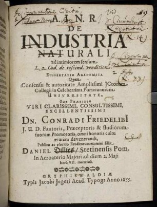 De Industria Naturali ad intimiorem sensum L. 2. Cod. de rescind. pendition. Dissertatio Academica