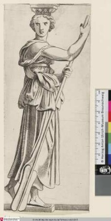 [Karyatide nach rechts gehend mit einer Schaufel; Caryatide holding a winnower with both hands, moving to the right]