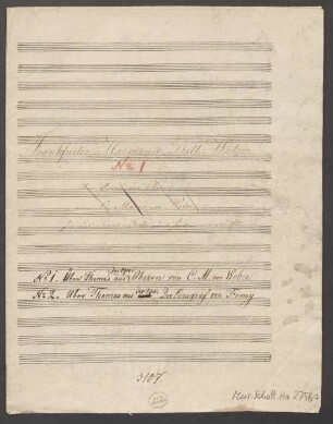 Frankfurter Harmonieball-Walzer, pf 4hands, WeV C.10, J 306 - BSB Mus.Schott.Ha 2756-2 : [title page:] Frankfurter Harmonie-Ball Walzer // [with red chalk:] N|o 1 // [with ink and crossed out: über Thema's aus Oberon // von C. Maria von Weber.] // für das Piano=Forté zu 4 Händen