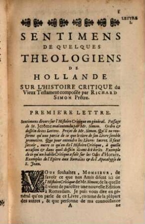 Sentimens De Quelques Theologiens De Hollande Sur L'Histoire Critique Du Vieux Testament, composée par Mr. Simon Prêtre