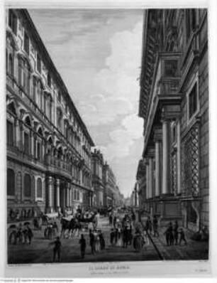 Scenografia degli interni delle più belle chiese e basiliche antiche di Roma, Tafel XXVIII: Il Corso di Roma ...